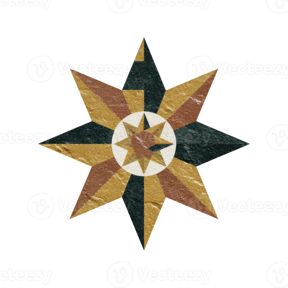 Geometric star design with eight points features textured, multicolored pattern in shades of gold, brown, and dark green, creating vintage and artistic appearance png