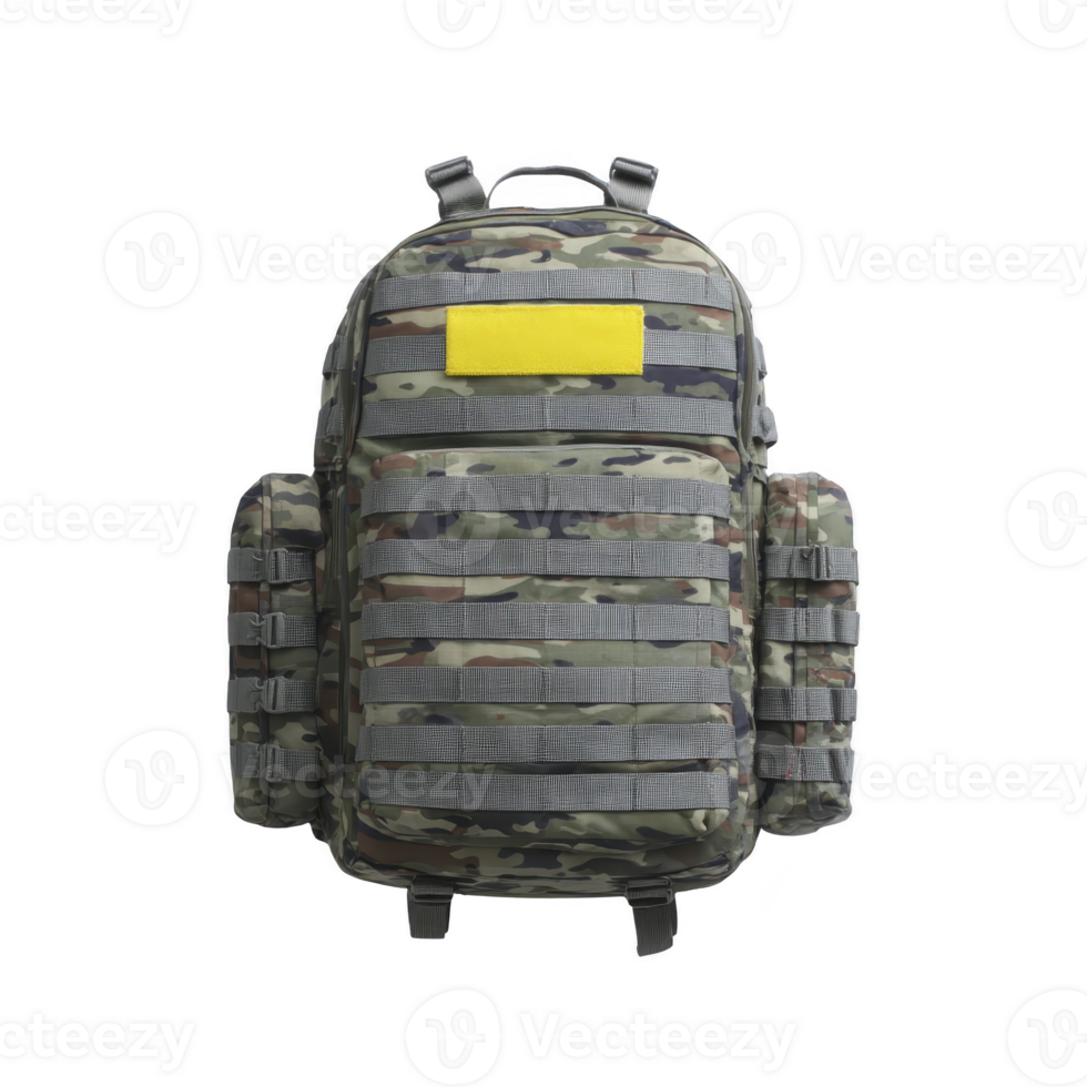 Camouflage tactical backpack with multiple compartments and yellow patch on front, designed for outdoor activities and military use. Durable and versatile png
