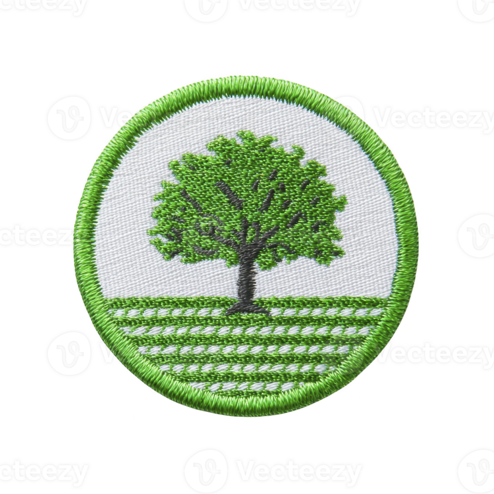 Circular embroidered patch features green tree on transparency background, bordered by green edge. design is simple and nature themed, evoking sense of growth and environmental awareness png