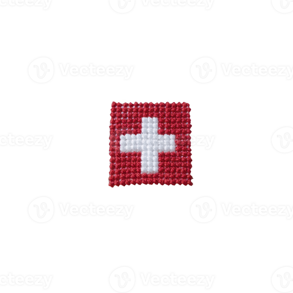 Small, square, beaded patch features white cross on red background, resembling Swiss flag. intricate beadwork creates textured appearance, highlighting craftsmanship png