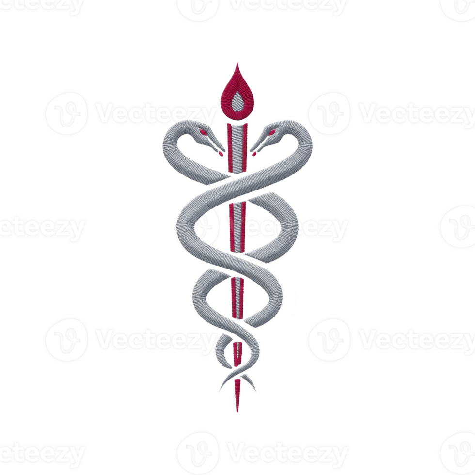 Symbol featuring two intertwined snakes around staff with flame on top, representing medicine and healing. design is intricate and symbolic, often associated with medical professions png