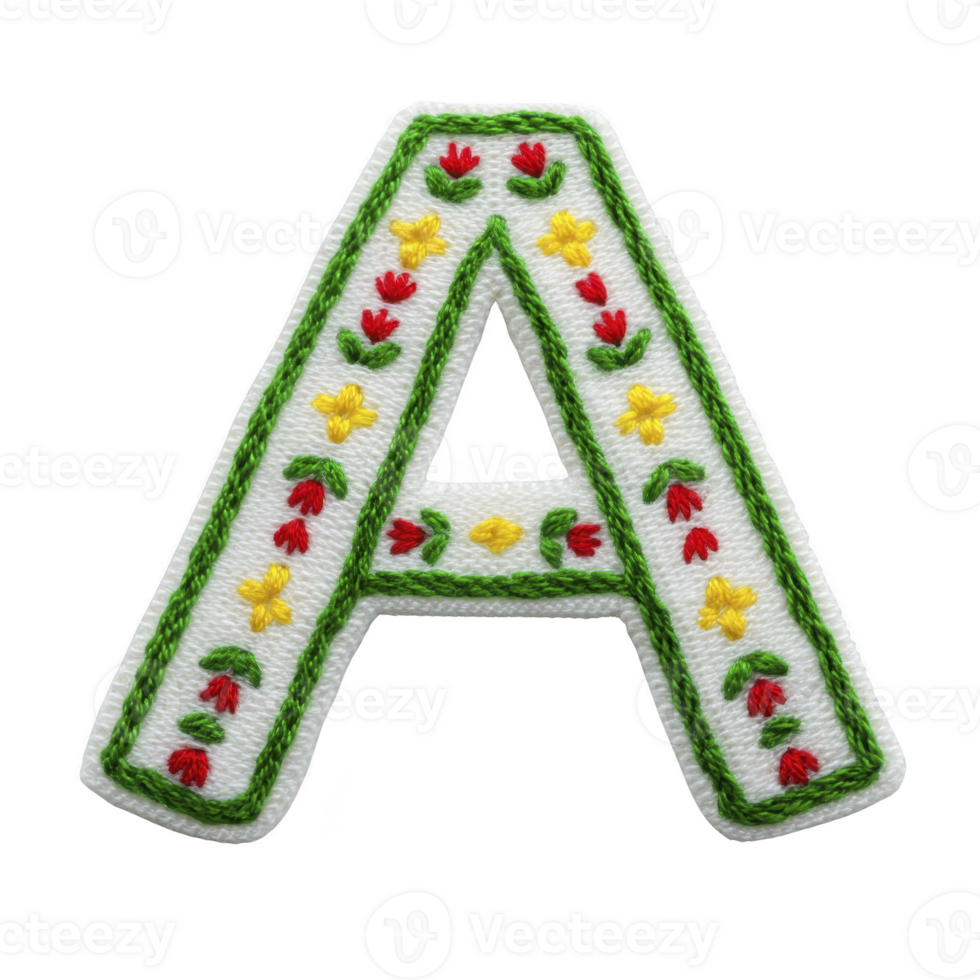 Decorative letter features colorful embroidery with floral patterns in red, yellow, and green on transparency background, creating vibrant and artistic design png