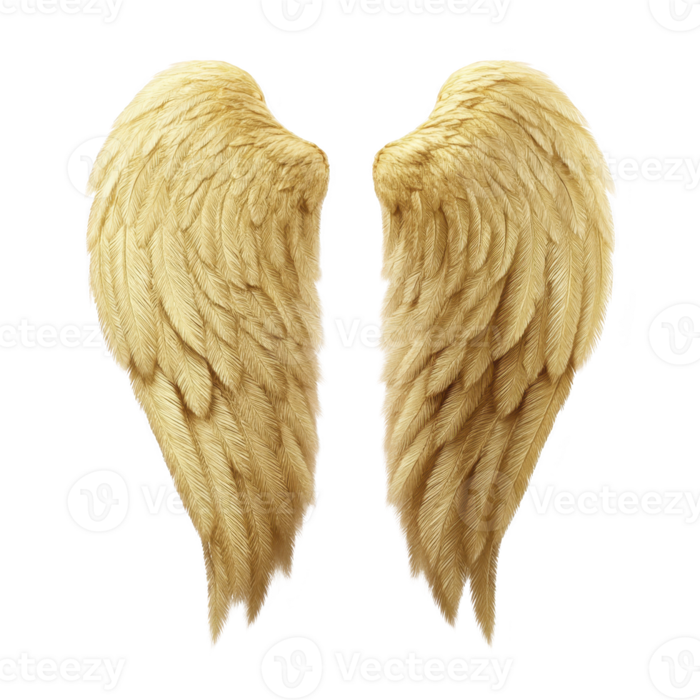 Golden angel wings with detailed feathers, symbolizing freedom and spirituality. wings are symmetrical and have soft, ethereal appearance, evoking sense of peace and divinity png