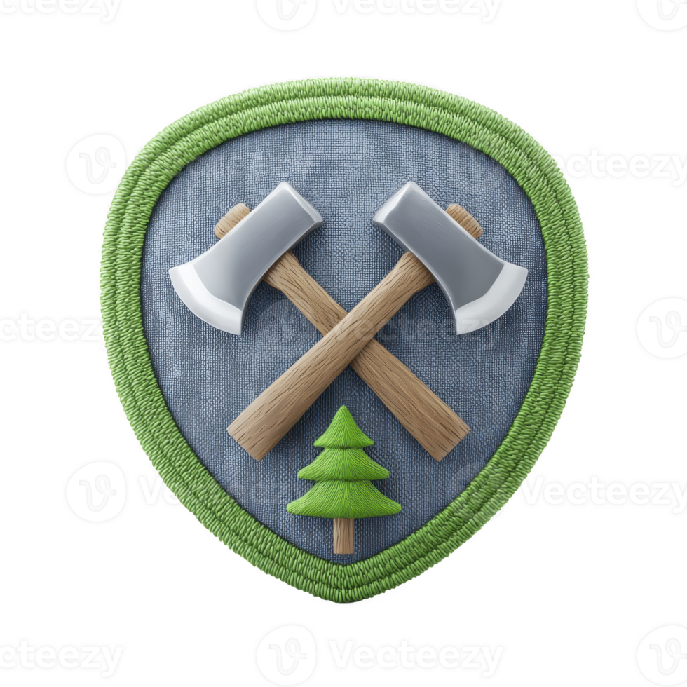 Shield shaped patch features two crossed axes with wooden handles and silver blades, set against blue fabric background. small green tree is positioned below axes, all bordered by green png