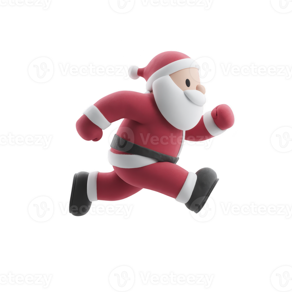 Cheerful Santa Claus character is depicted running energetically, dressed in classic red suit with white trim and black belt, conveying sense of festive excitement png