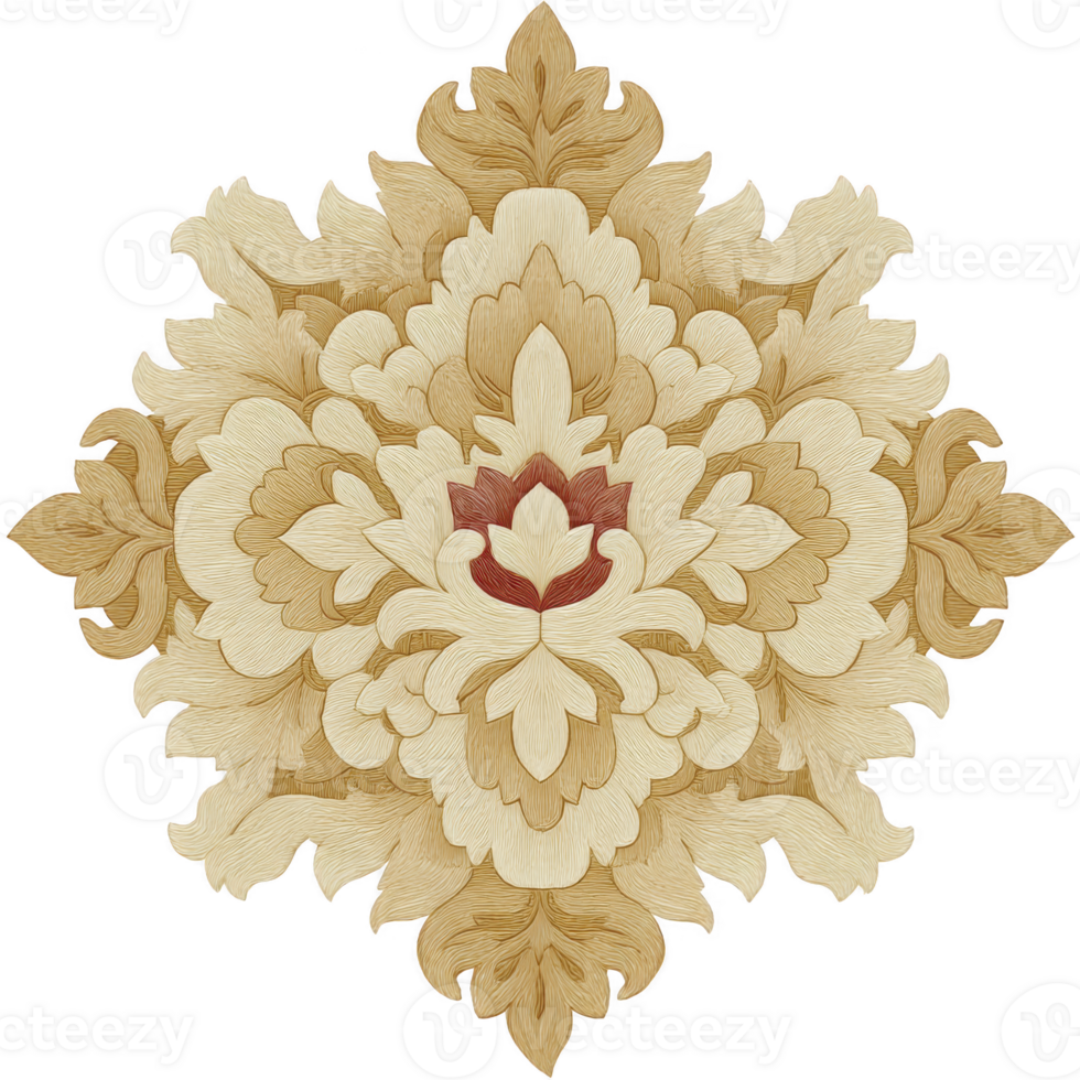Intricate floral pattern with symmetrical design, featuring layered petals in beige and brown tones, creating elegant and ornate appearance png