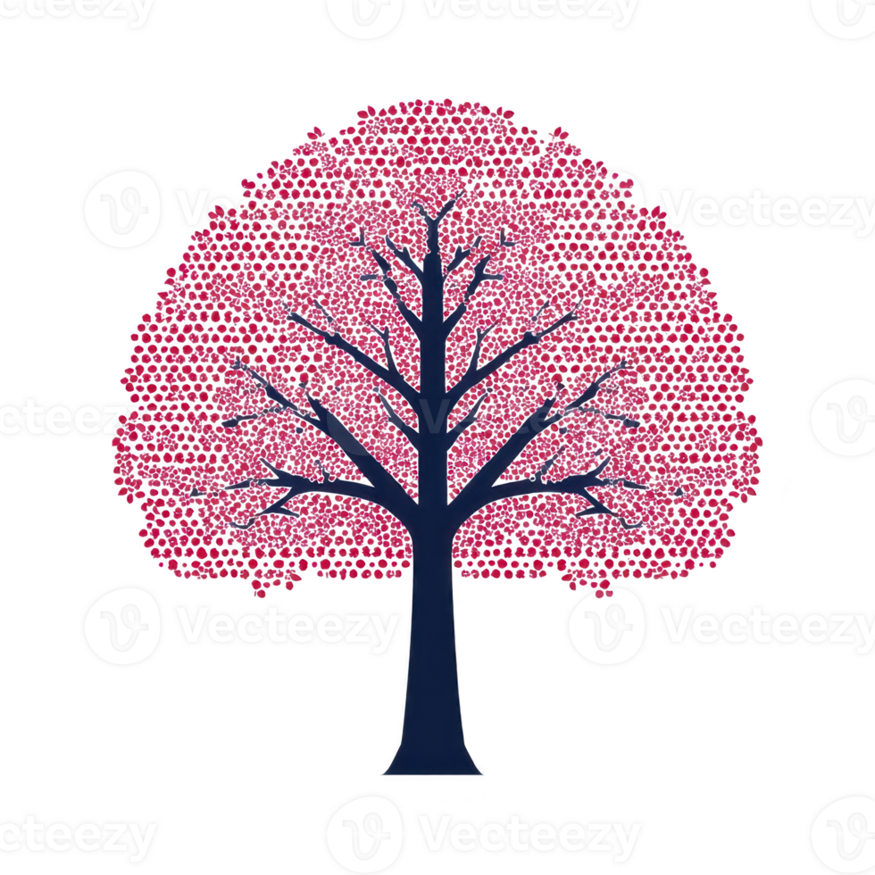 Stylized illustration of tree with vibrant pink blossoms and dark blue trunk, evoking sense of tranquility and beauty. intricate design highlights delicate nature of flowers png