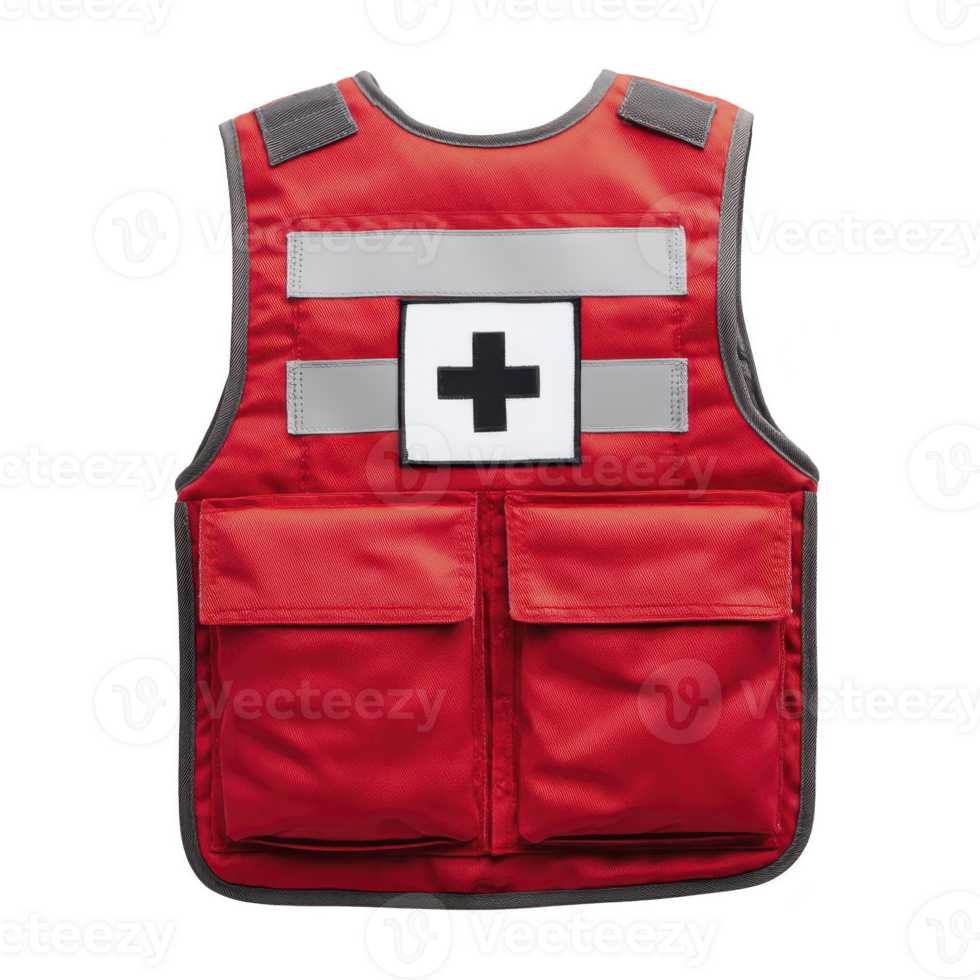 Red emergency medical vest with reflective strips and cross symbol is designed for visibility and utility in medical situations. It features multiple pockets for carrying essential supplies png