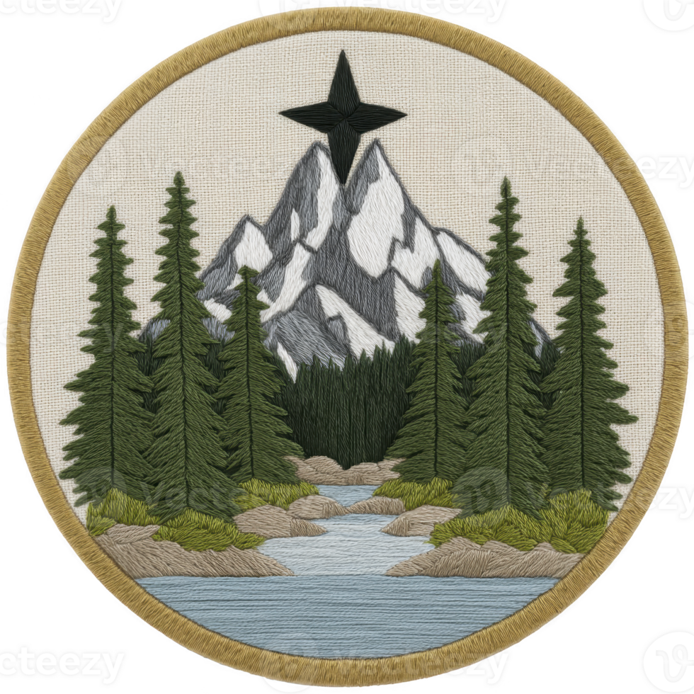 Circular embroidered patch features mountain landscape with river flowing through forest of pine trees, topped by star. design is bordered by tan edge png