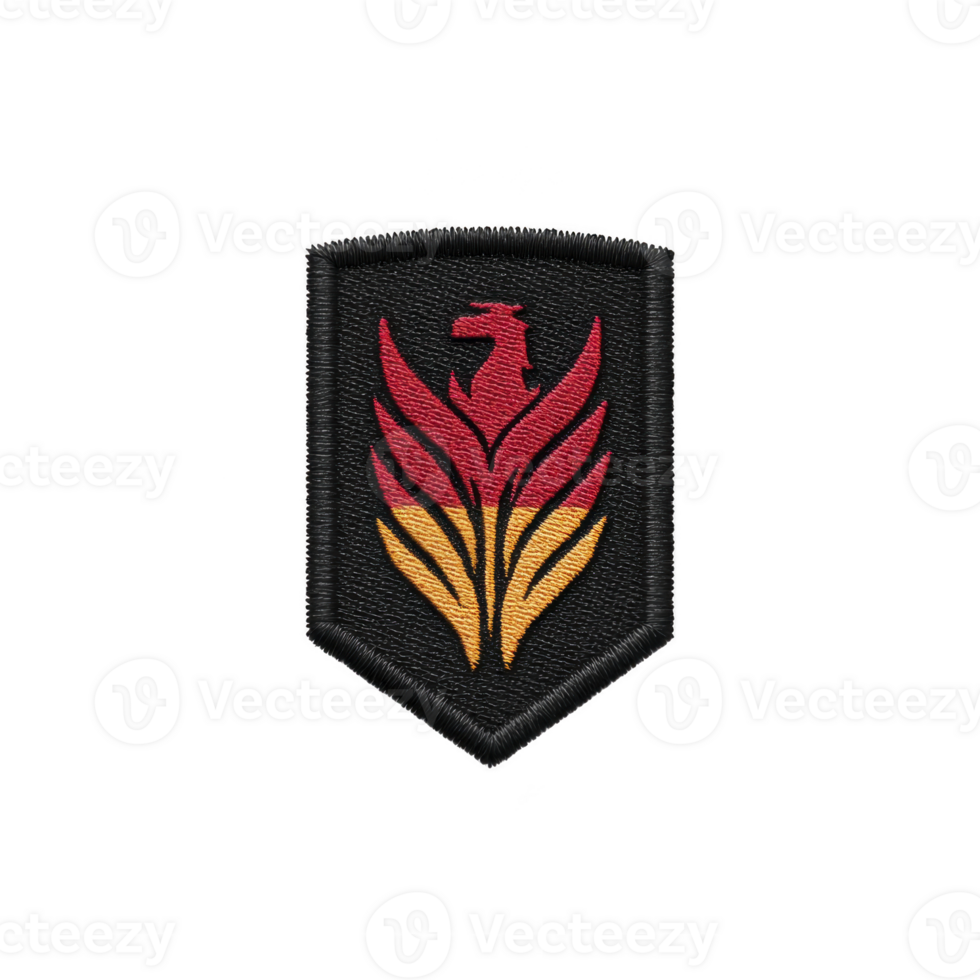 This features black embroidered patch with stylized red and yellow flame design, possibly representing phoenix or fire motif. patch has shield like shape png