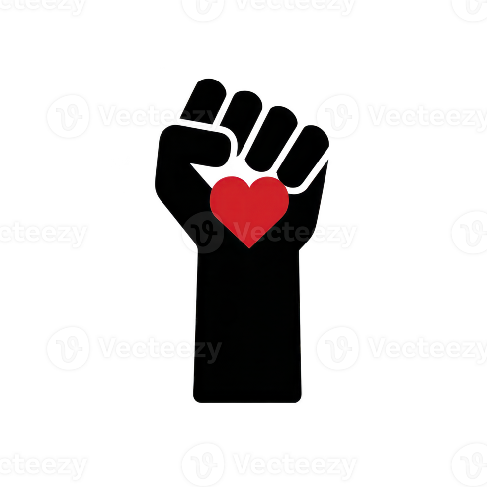 Raised black fist holding red heart symbolizes unity and love, often associated with social justice and solidarity movements. image conveys strength and compassion png