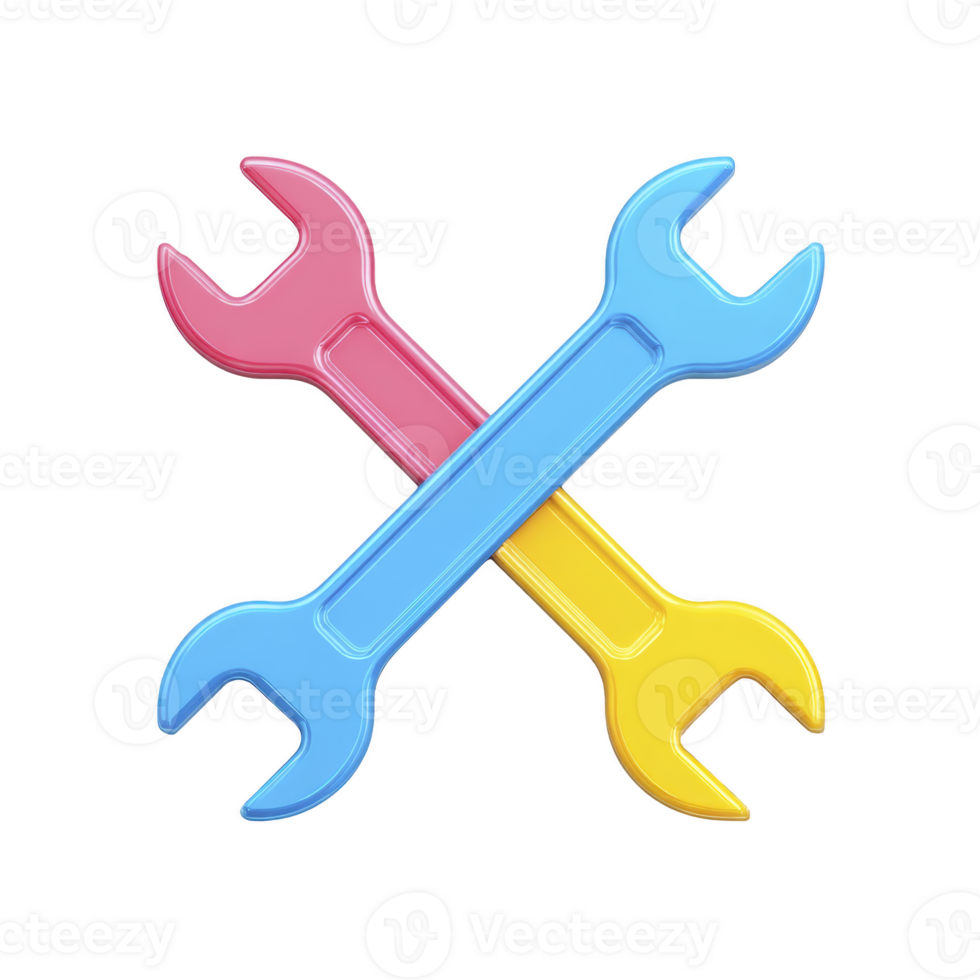 Two colorful wrenches, one pink and one yellow, are crossed over blue background, symbolizing teamwork and collaboration. vibrant colors add playful touch to image png