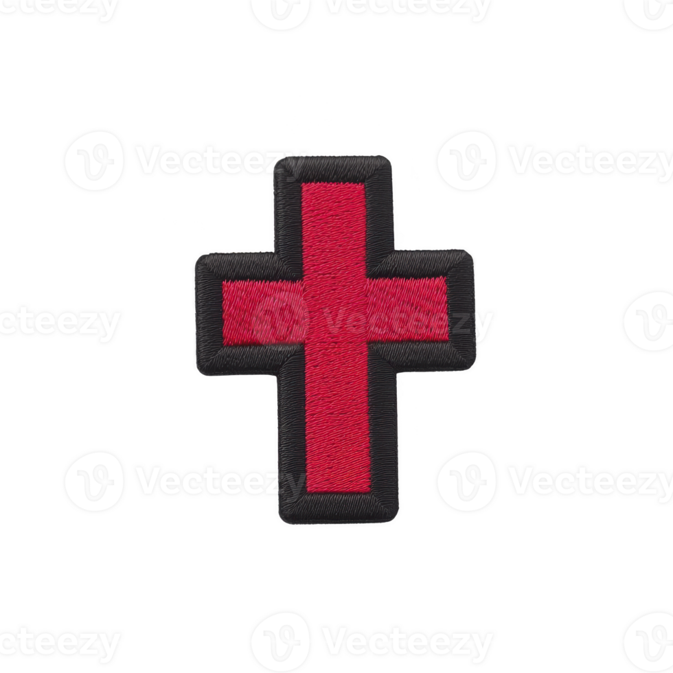 Red cross patch with black border, symbolizing medical aid or emergency services, isolated on transparency background. design is simple and bold, often used in uniforms or gear png