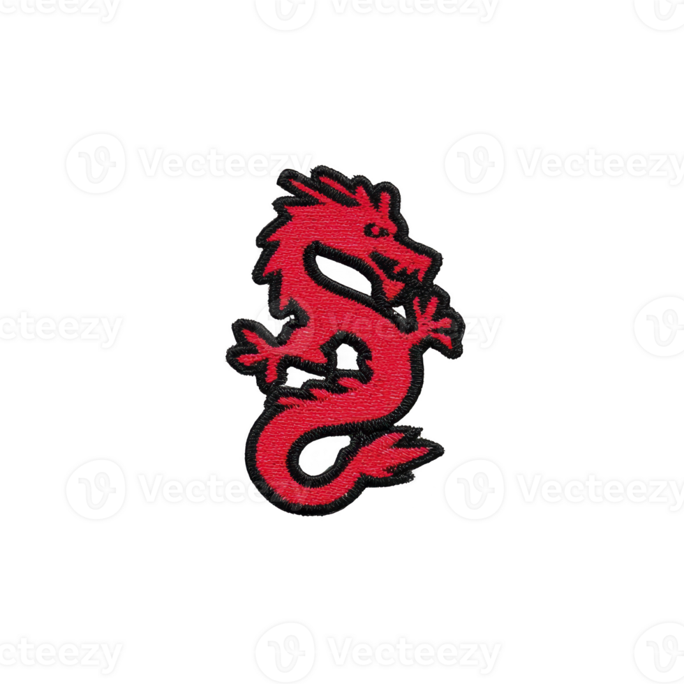 Vibrant red dragon patch with intricate details, featuring bold black outline, perfect for adding mythical touch to clothing or accessories. dragon fierce expression and dynamic pose convey png