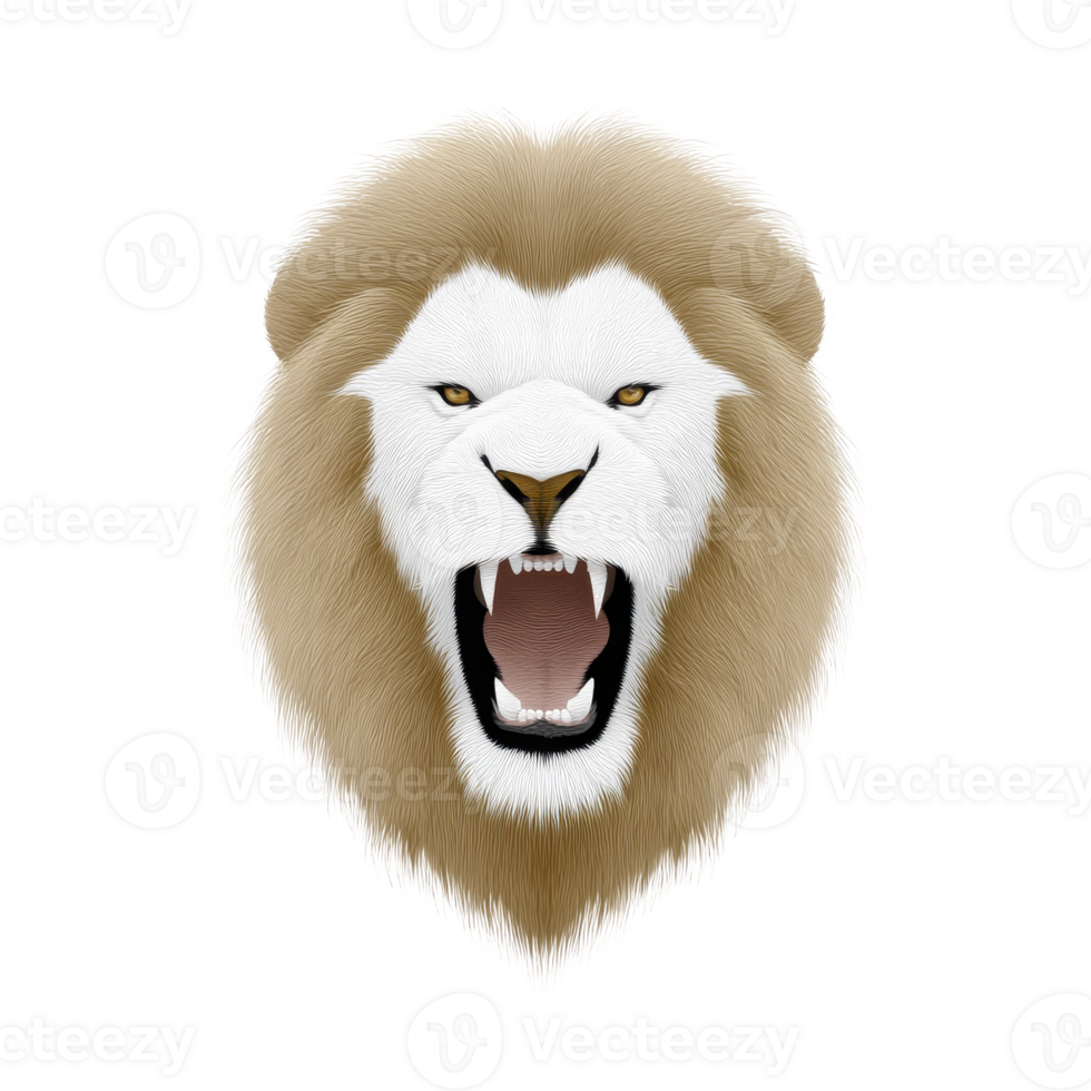Fierce lion head illustration with roaring expression, showcasing detailed fur and sharp teeth. lion mane is full and majestic, emphasizing its powerful presence png