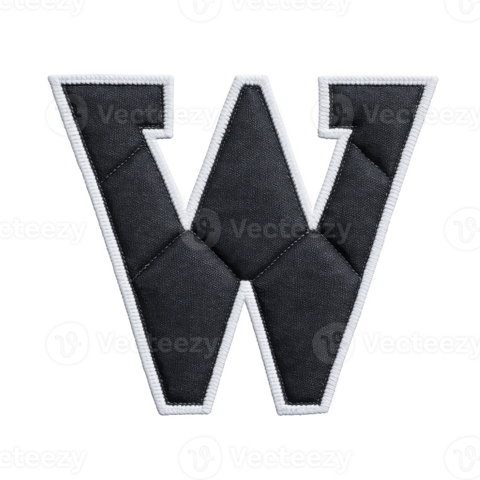 Large black letter W with white border, resembling varsity or letterman patch, is displayed on plain background. textured fabric and bold design give it classic, collegiate feel png