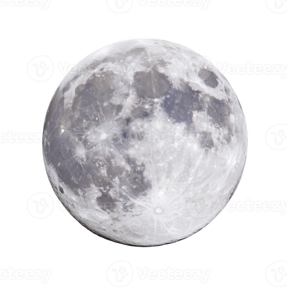 Image shows detailed view of full moon against transparency background, highlighting its craters and surface texture png