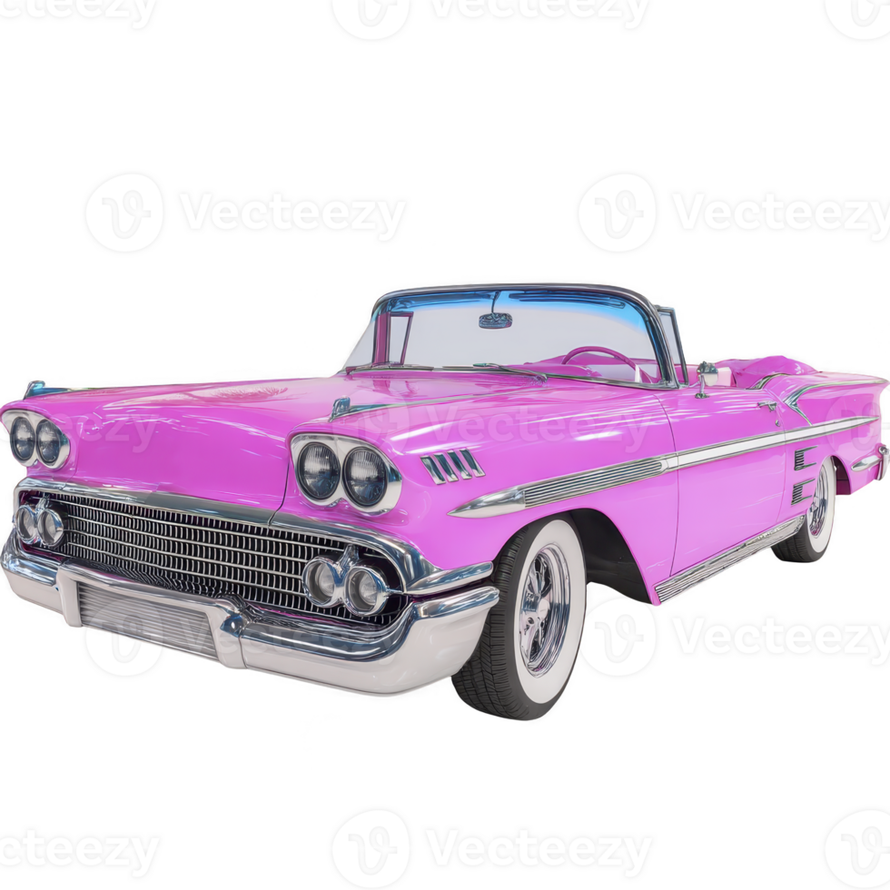 Classic pink convertible car with chrome details and whitewall tires, showcasing vintage style and elegance. car vibrant color and retro design evoke sense of nostalgia png