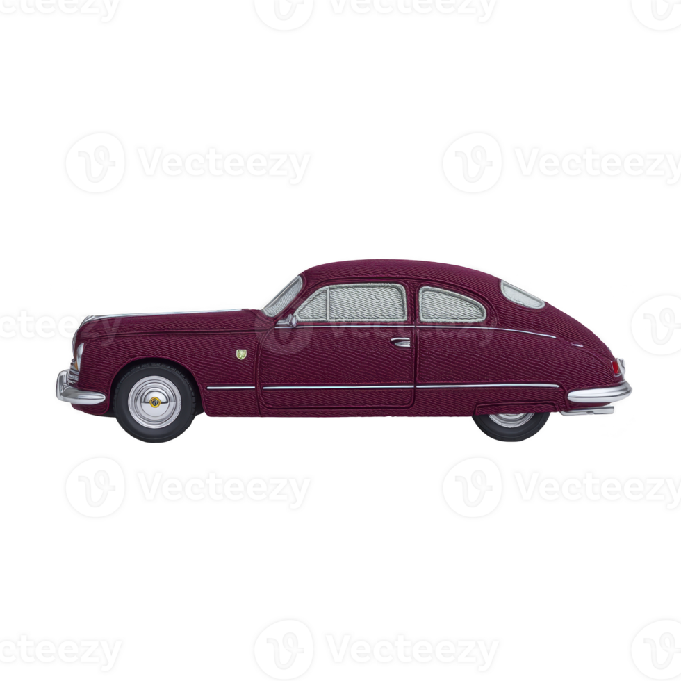 Vintage maroon car model with sleek, aerodynamic design and silver accents is displayed against plain background. classic vehicle features rounded edges and retro style, evoking nostalgia png