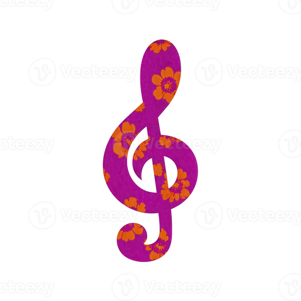 Vibrant pink treble clef symbol adorned with orange floral patterns, set against transparent background, creating lively and artistic musical design png