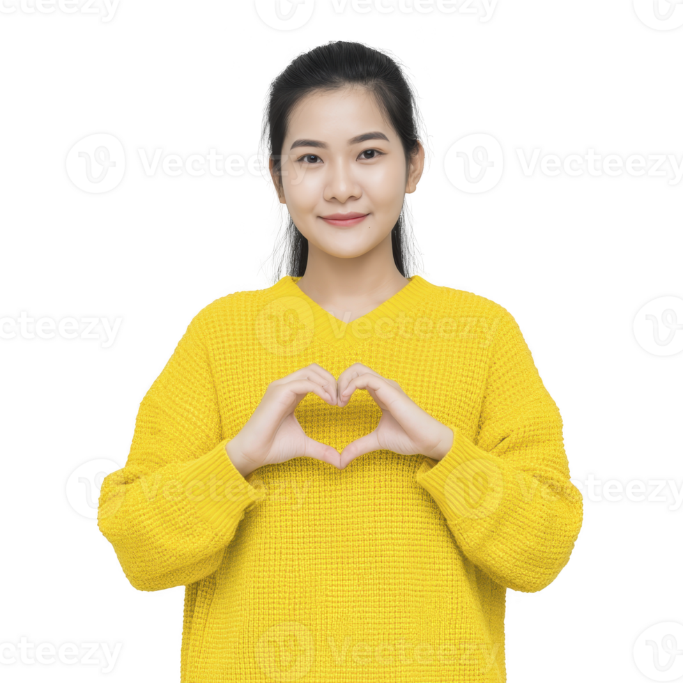 Person in yellow sweater makes heart shape with their hands, smiling warmly. background is plain, emphasizing gesture and expression png