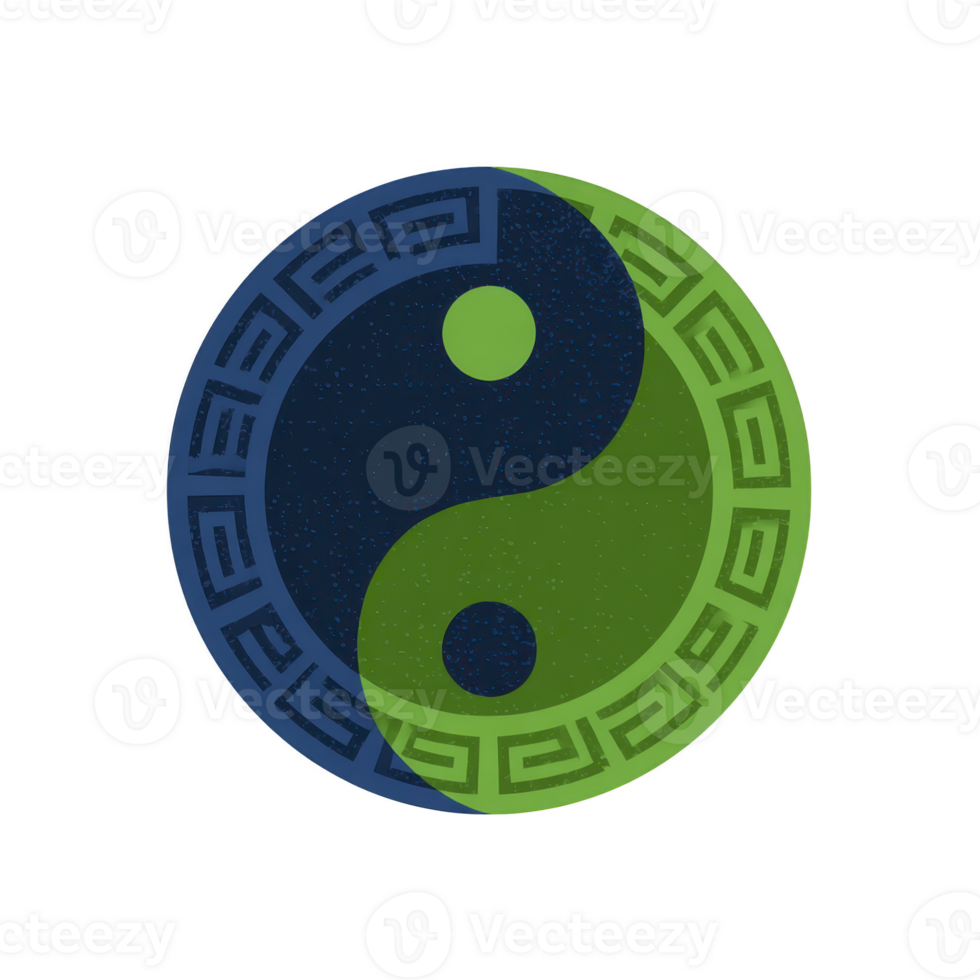 Yin yang symbol with decorative border combines dark blue and green colors, representing balance and harmony. circular design features intricate patterns, symbolizing unity and duality png