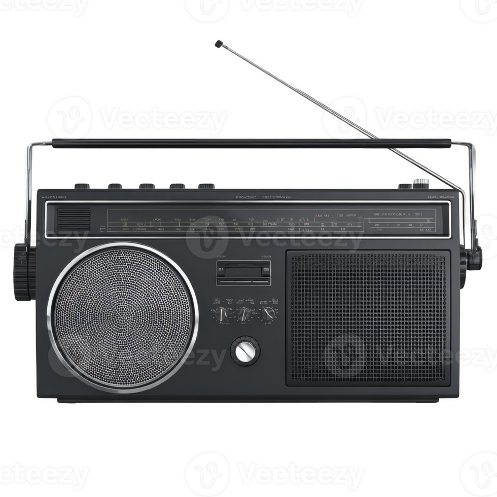 Vintage portable radio with extended antenna, featuring large speaker and various control knobs, evokes nostalgia. classic design highlights its retro appeal and functionality png