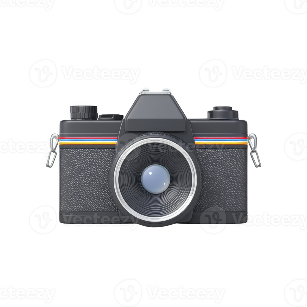 Vintage style camera with textured body and colorful stripe detail is shown. camera features prominent lens and classic design, evoking nostalgia and creativity png