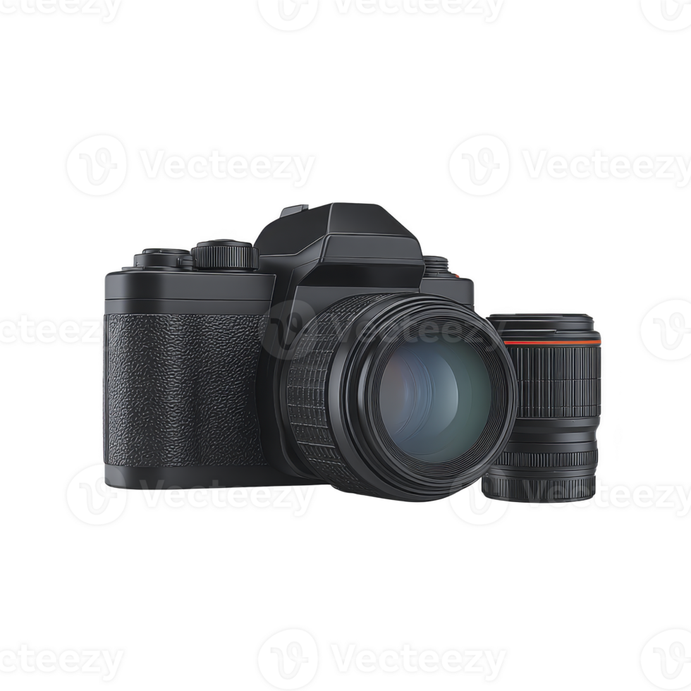 Classic black DSLR camera with textured grip and detachable lens, perfect for capturing high quality images. camera sleek design and professional features make it ideal for photography enthusiasts png