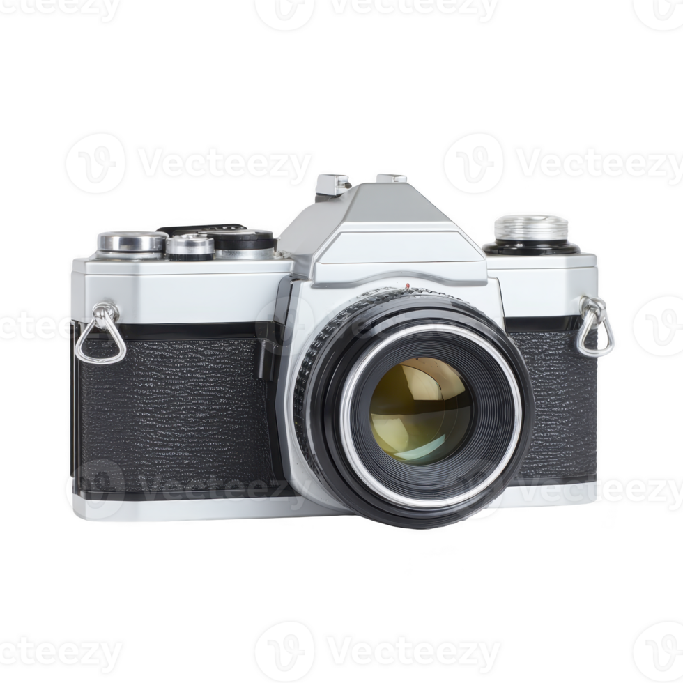 Vintage film camera with classic design, featuring silver and black body, prominent lens, and manual controls, evokes nostalgia and timeless photography charm png