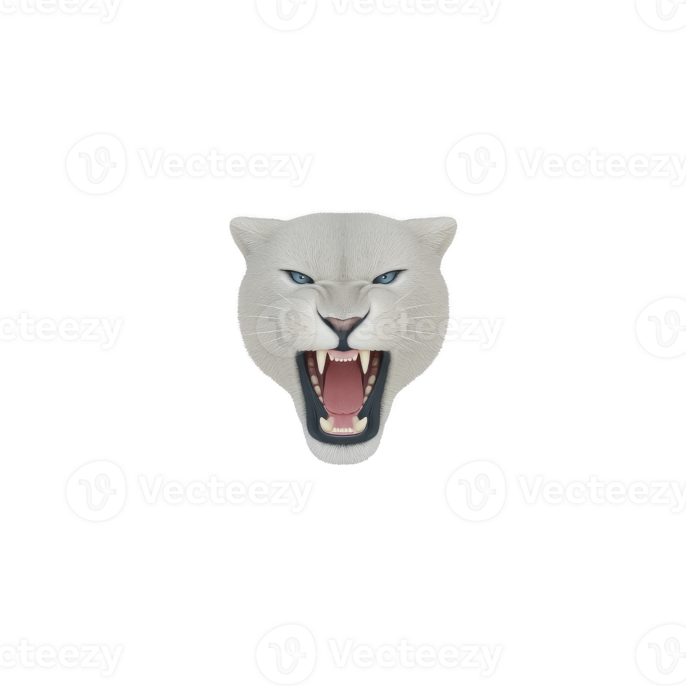 Fierce white panther head with open mouth and sharp teeth, set against transparency background, conveys sense of power and intensity png