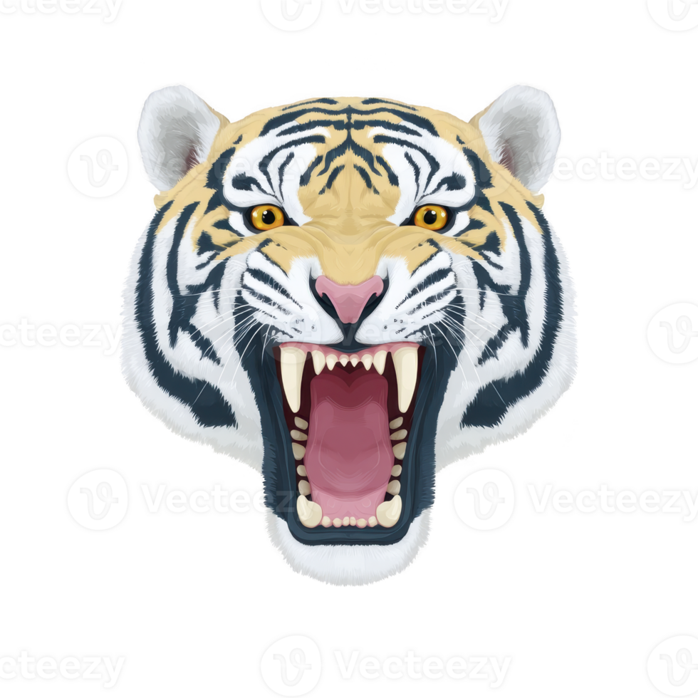 Fierce tiger head illustration with open mouth, showing sharp teeth and intense eyes, set against transparent background. detailed stripes and realistic expression convey power and strength png