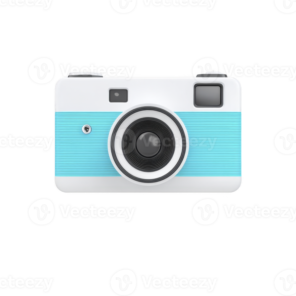 Retro style camera with blue and white design, featuring large lens and viewfinder, evokes sense of nostalgia and creativity png