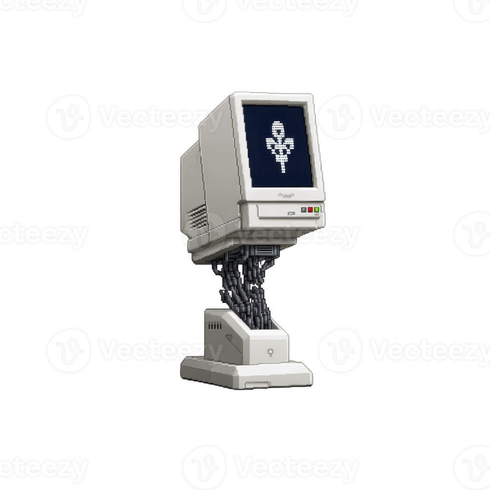 Vintage computer monitor with pixelated design displays digital flower on screen, connected to base with visible circuit patterns, evoking sense of nostalgia and technology fusion png