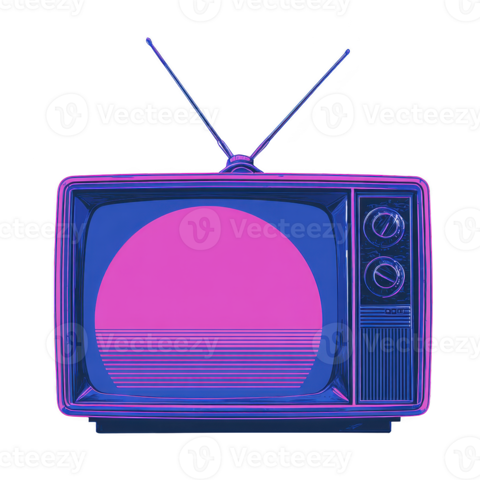 Retro television with antennas displays vibrant pink and blue geometric design, evoking nostalgic and artistic feel. vintage style and bold colors create striking visual png