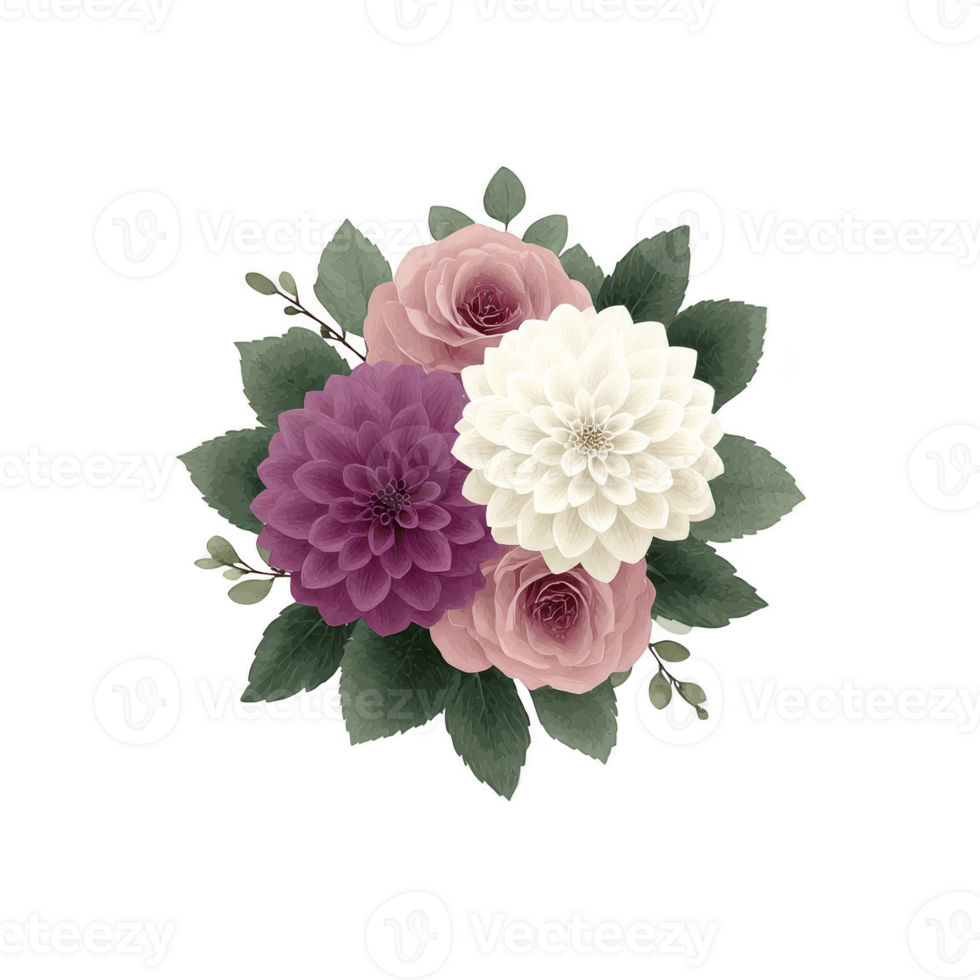 Beautiful floral arrangement featuring white dahlia, purple dahlia, and pink roses surrounded by lush green leaves, creating elegant and romantic bouquet png
