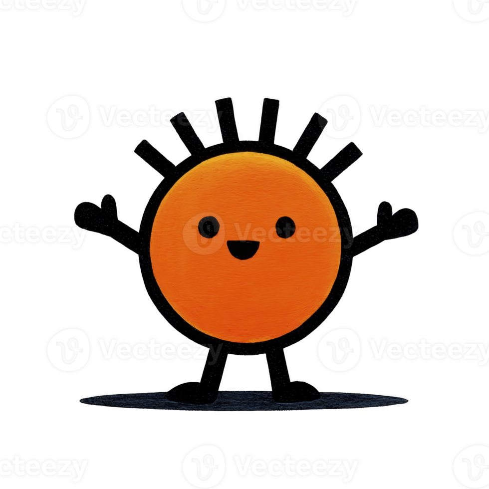 Cheerful, cartoonish orange sun character with smiling face and outstretched arms, radiating happiness and warmth. sun has simple, bold lines and playful design png