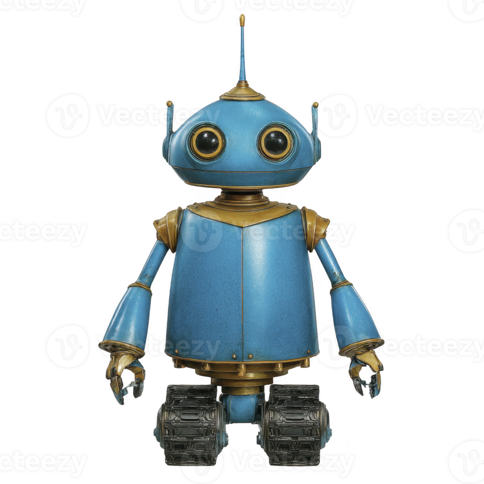 Cute blue robot with large round eyes and friendly expression stands on wheels, featuring gold accents and antenna on its head. robot design is charming and retro futuristic png