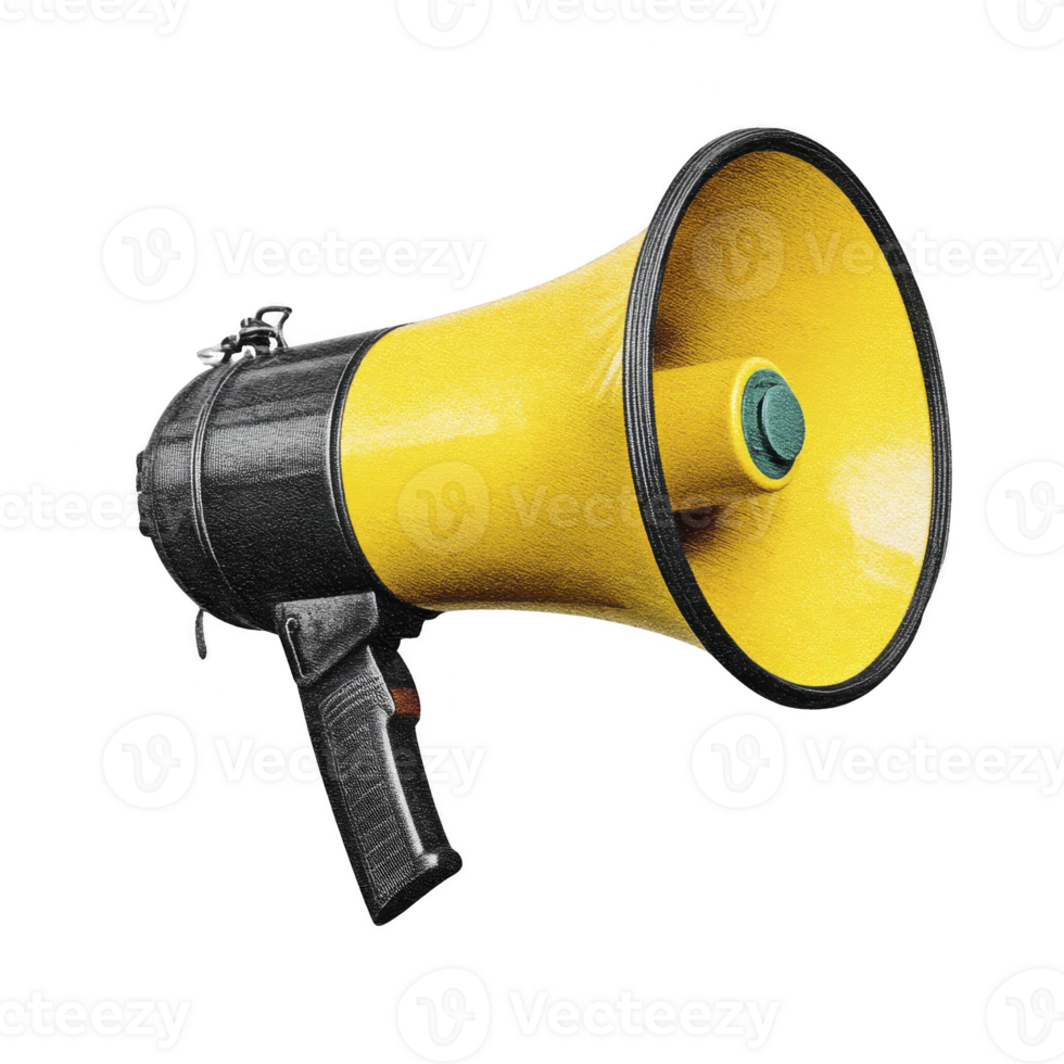Vibrant yellow and black megaphone with textured surface is shown, featuring handle and small green button. design is bold and eye catching, ideal for announcements png