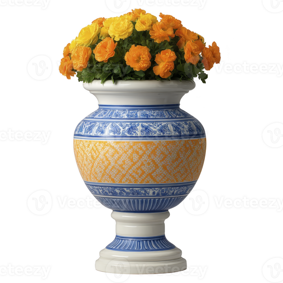 Decorative ceramic vase with intricate blue and orange patterns holds vibrant bouquet of yellow and orange flowers, creating cheerful and elegant display png