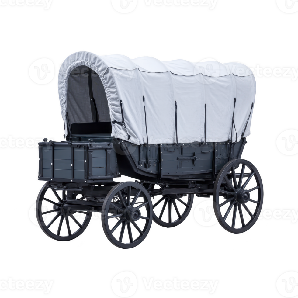 Classic covered wagon with white canvas top and wooden wheels, evoking sense of historical adventure and exploration. wagon is reminiscent of those used during American frontier era png