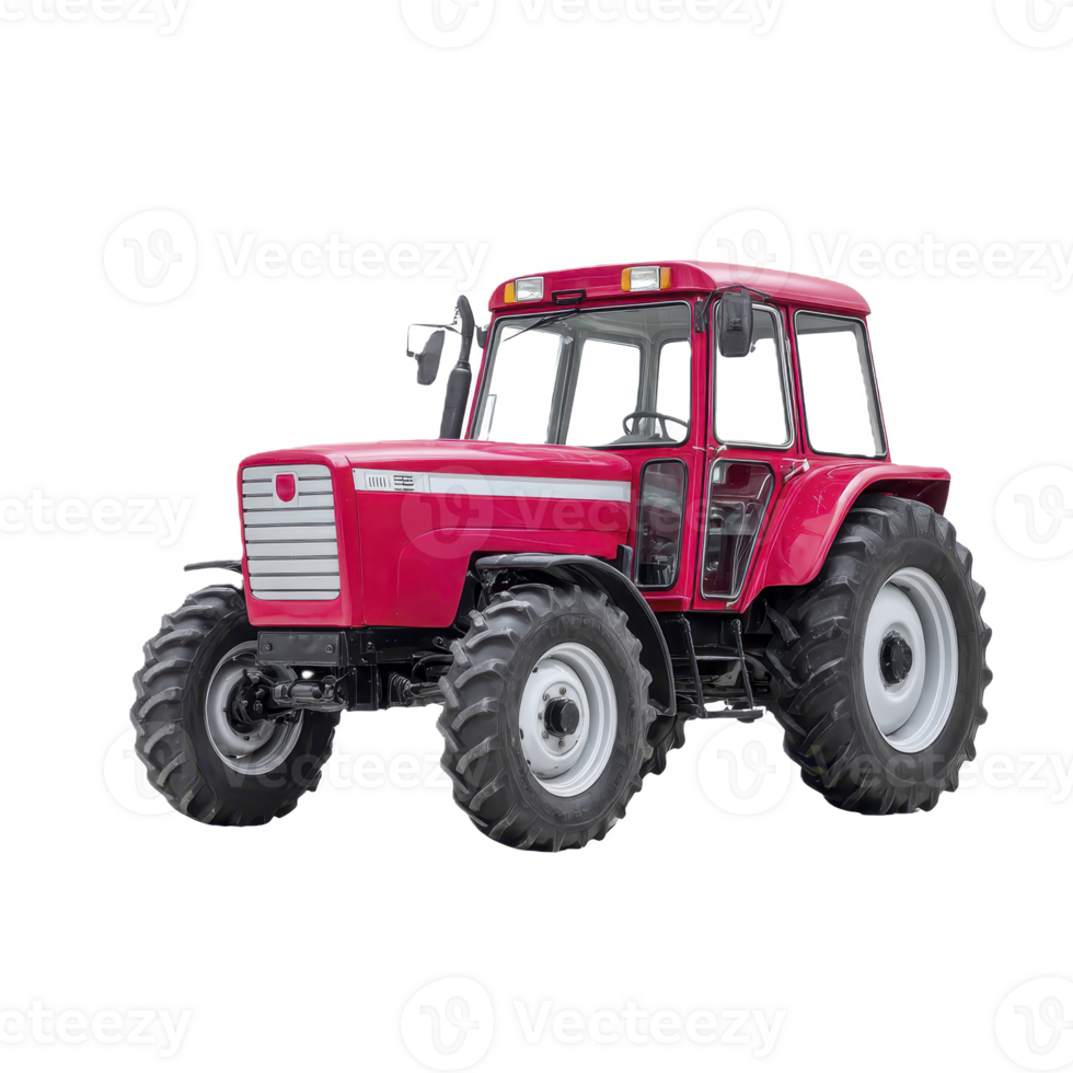 Vibrant red tractor with large tires and sturdy frame, ideal for agricultural work, stands isolated on transparency background. vehicle robust design and bright color make it eye catching png
