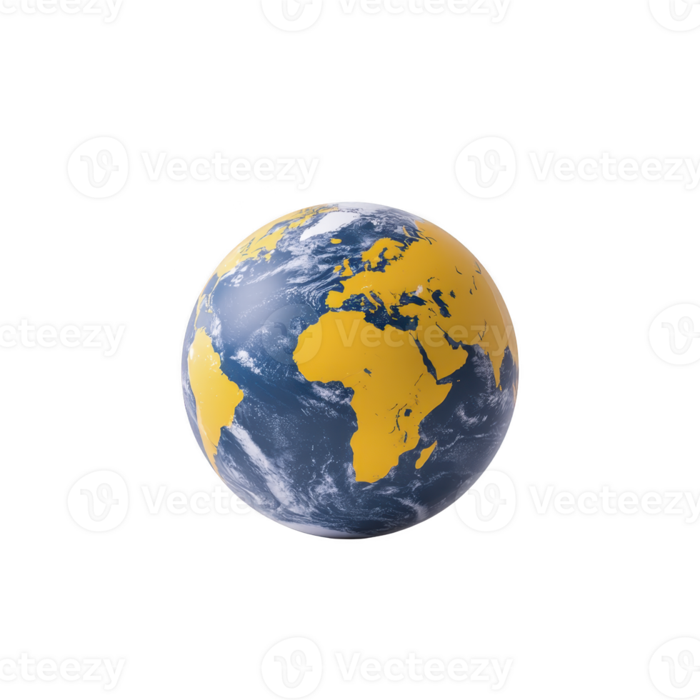 Globe with blue oceans and yellow continents represents Earth, highlighting Africa and Europe. image emphasizes geography and global perspective png