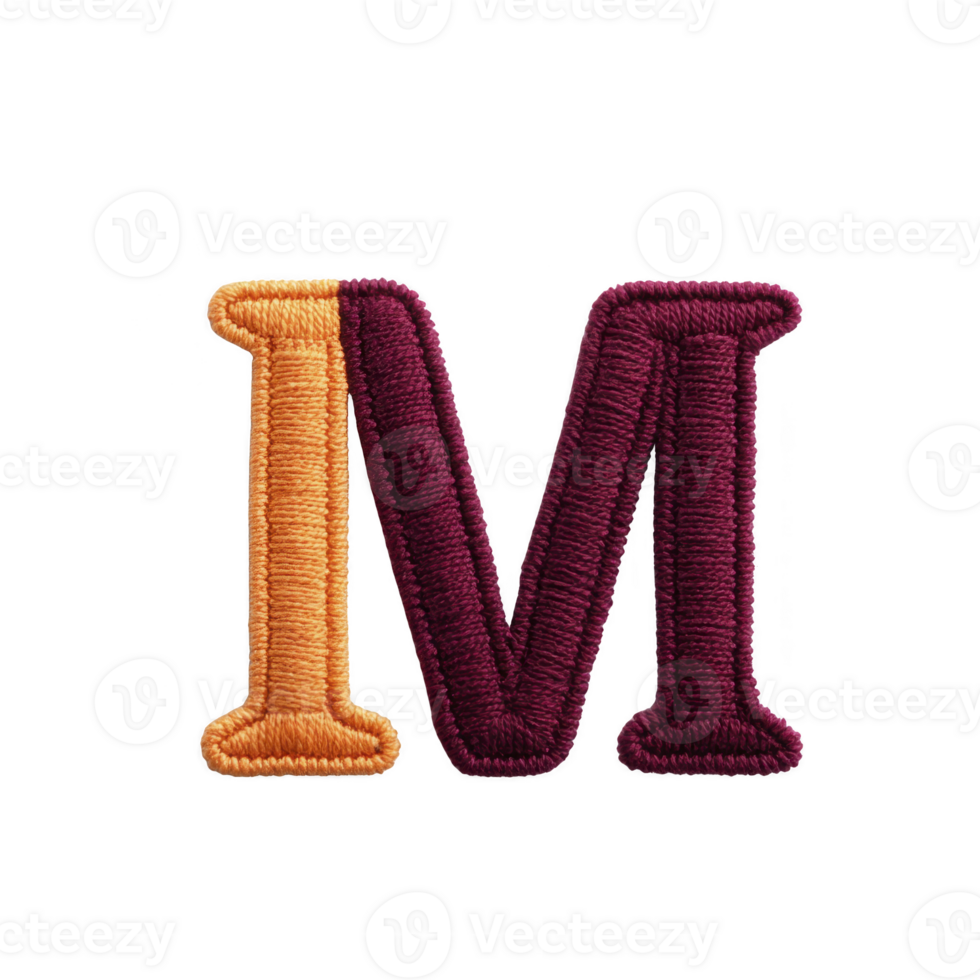 Image shows colorful embroidered letter M with vibrant design. left side of letter is orange, while right side is deep maroon, creating striking contrast. texture of embroidery adds tactile png