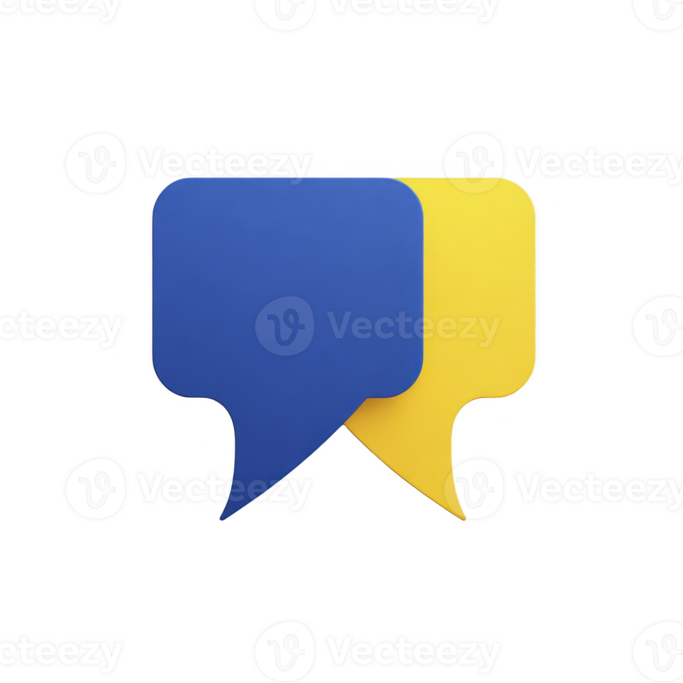 Two overlapping speech bubbles, one blue and one yellow, symbolize communication and dialogue. minimalist design emphasizes conversation and interaction png