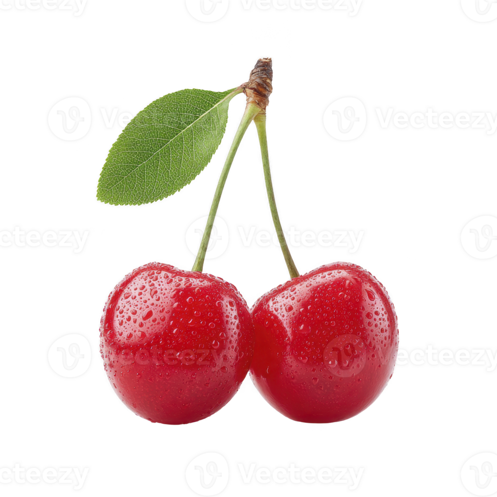 Two fresh cherries with water droplets and green leaf on stem, isolated on transparency background, showcasing their vibrant red color and juicy texture png