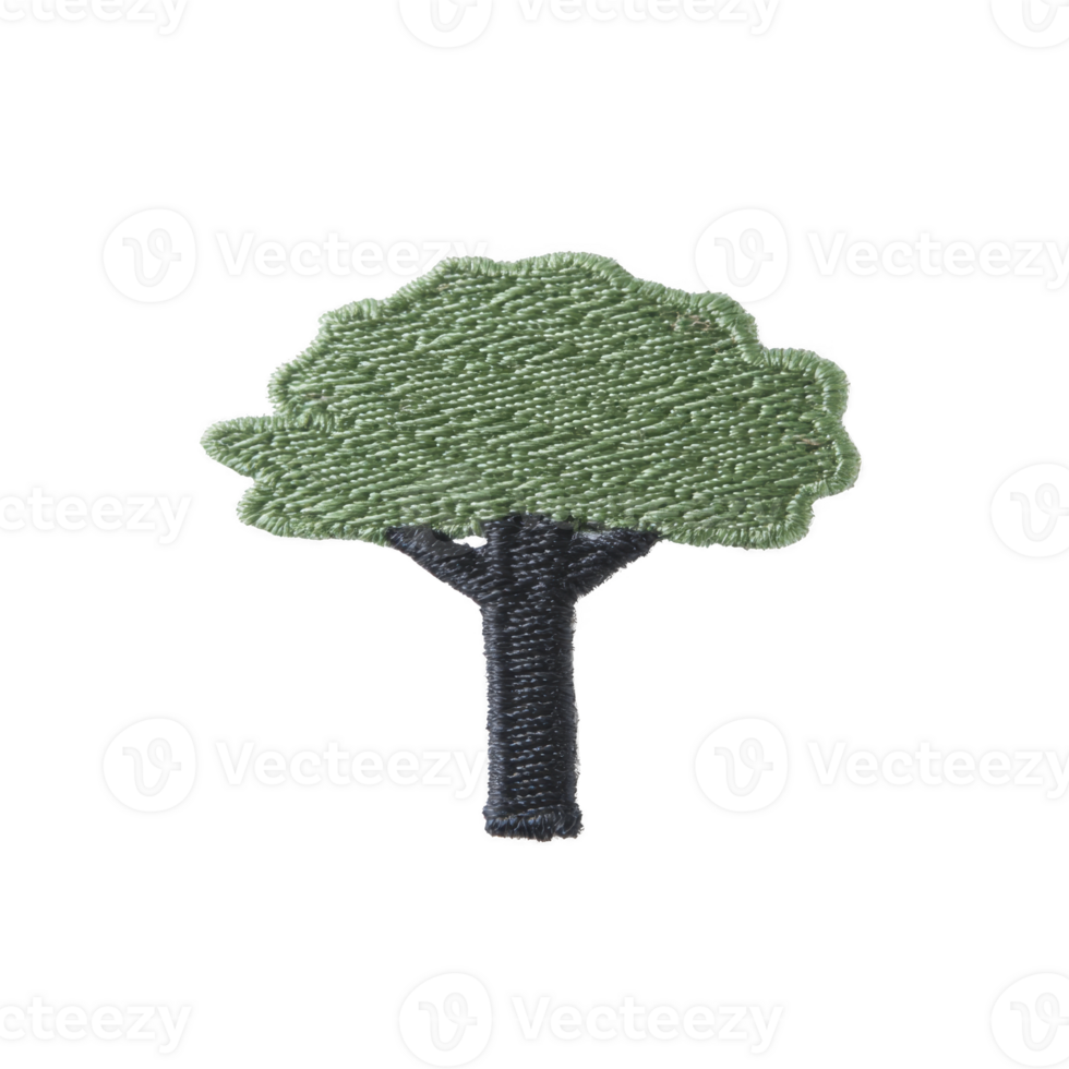 Green tree patch with simple design, featuring textured green canopy and dark trunk, isolated on transparency background. This embroidered patch is ideal for clothing decoration png