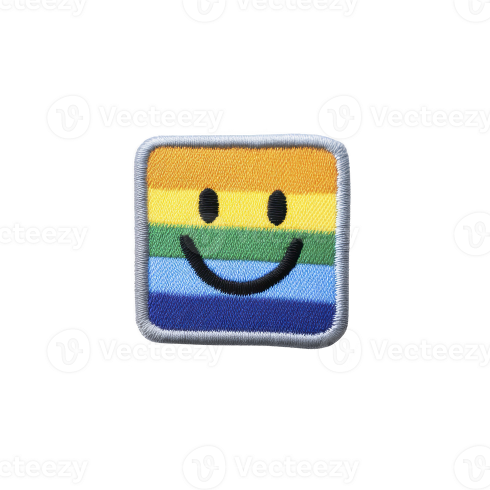 Colorful embroidered patch features smiling face on rainbow striped background, symbolizing positivity and inclusivity. square design is outlined in light blue stitching png