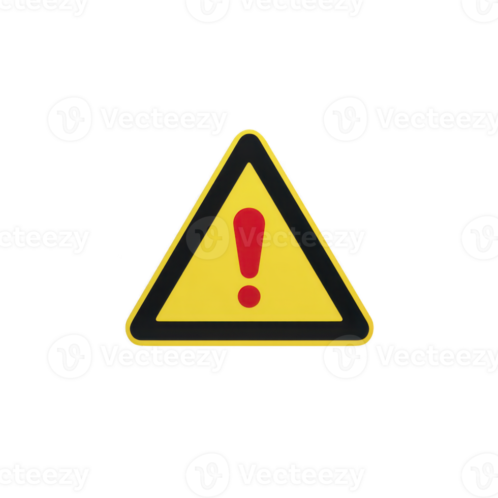 Yellow triangular warning sign with red exclamation mark in center, symbolizing caution or alert. sign has black border, emphasizing importance of message png