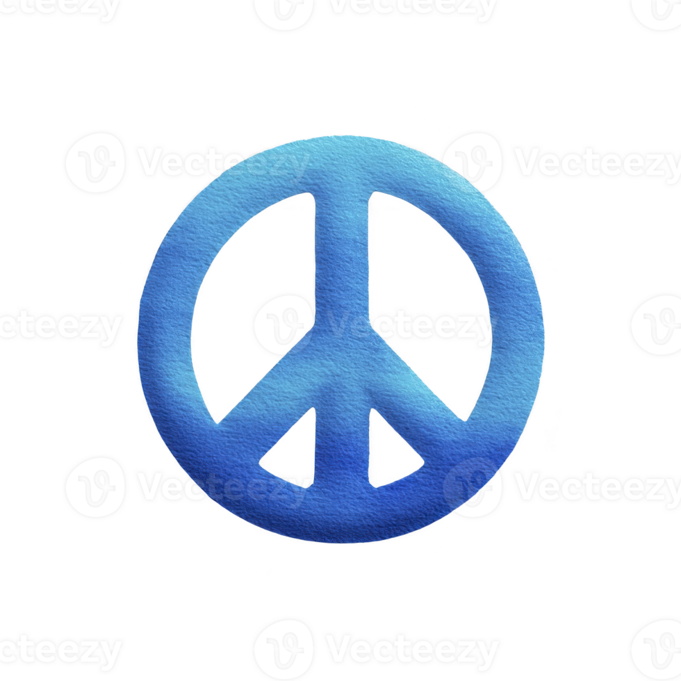 Blue watercolor peace symbol on transparency background, representing harmony and tranquility. symbol is circular with central vertical line and two diagonal lines forming peace sign png